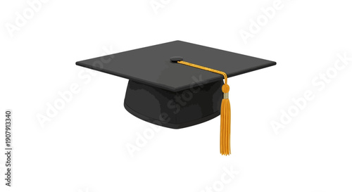 Black Graduation Cap with Yellow Tassel on White Background.