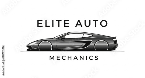 Elite Auto Mechanics Logo with Sports Car Silhouette.