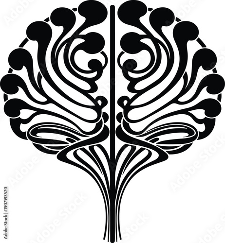 Abstract black and white brain illustration with symmetrical organic shapes, neural pathway design, artistic representation of human mind, creativity, growth, and connectivity concepts