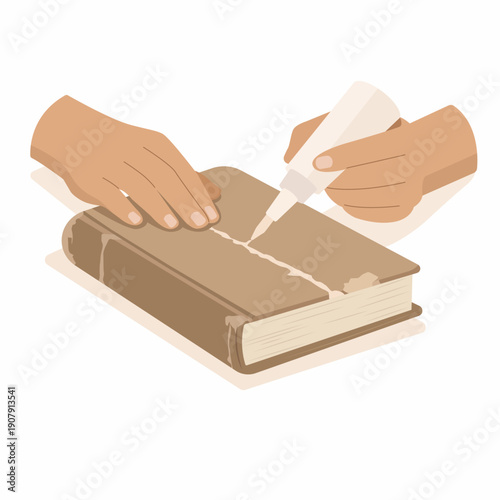 Flat vector illustration of hands restoring a damaged book using adhesive.