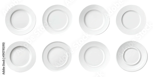 Overhead shot of eight white, circular dishes arranged in two rows, against a black background