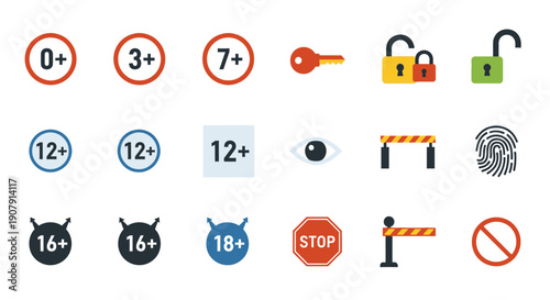 Collection of age restriction and security icons.