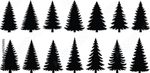 Collection of sixteen black evergreen tree silhouettes arranged in rows, featuring varied shapes, branch patterns, and natural outlines for forest, nature, and landscape design themes