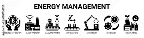Energy Management web banner icon vector illustration concept with icon of energy efficiency, smart factory, manufacturing, automation, machinery, efficiency, and compliance.