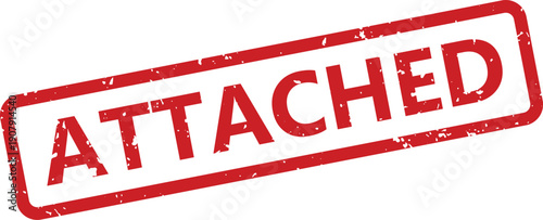 Red grunge rubber stamp displays the word ATTACHED on a clean white surface with an angled presentation