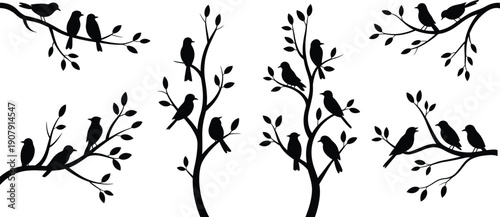 Collection of black bird silhouettes perched on leafy tree branches and twigs isolated on white background for nature design elements