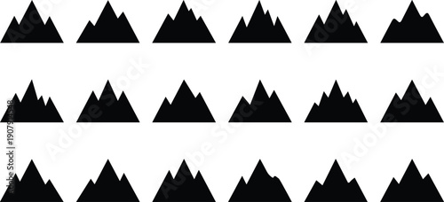 Collection of twenty‑four stylized black and white mountain icons arranged in grid, featuring varied peak silhouettes, jagged outlines, and graphic designs for outdoor themes
