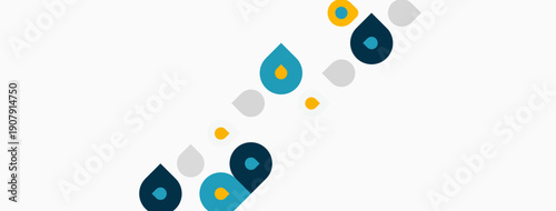 Abstract design features colorful droplet shapes arranged diagonally. Minimalist aesthetic, clean background, modern visual elements.
