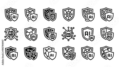 Collection of Artificial Intelligence Security Shield Icons.