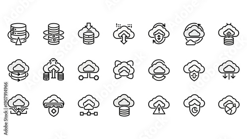 Cloud computing icons representing data storage and network connections.