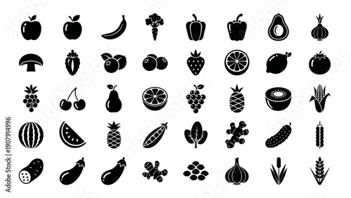 Collection of assorted fresh fruits and vegetables icons.