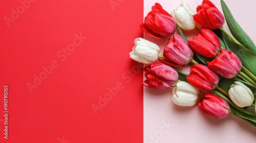 Red and white tulips on contrasting red and pink background.