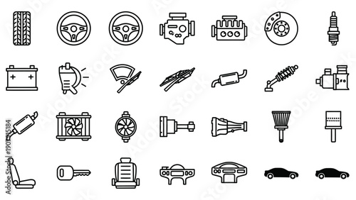 Collection of automotive parts and components icons.