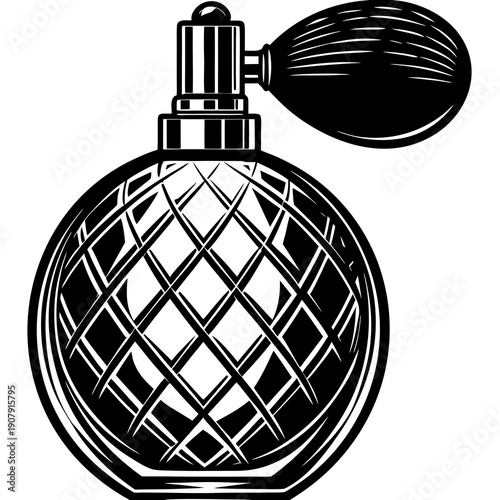 Round Grid-Paneled Perfume Atomizer Vector — Vintage Sprayer, Luxury Cosmetic Icon
