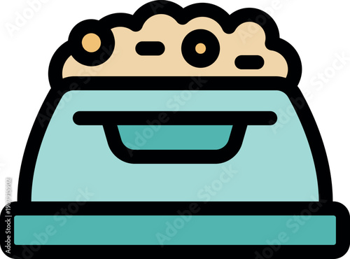 Dry pet food pouring into a light blue automatic pet feeder with a drawer for water