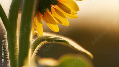 Macro tracking shot along a sunflower stem to its bloom on a golden hour bokeh background, vibrant summer concept for lifestyle content and opening sequences