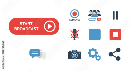 Collection of broadcast and streaming icons for digital media.