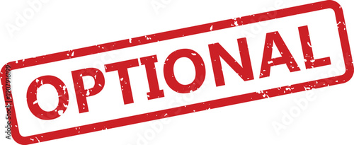 Textured red rubber stamp featuring the word OPTIONAL positioned diagonally on a clear white backdrop