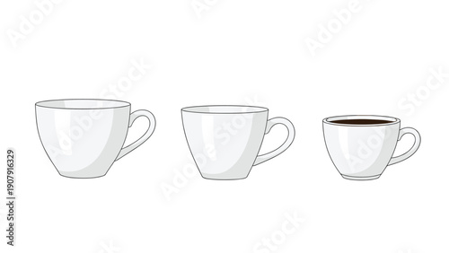 Row of three white porcelain coffee cups showing the process of being filled with dark black caffeine beverage for breakfast.