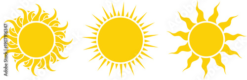 Yellow sunshine sun rays vector icon with bright light and summer heat isolated on transparent background