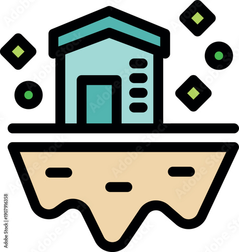 Virtual house floating on a piece of land representing metaverse real estate, virtual land ownership and digital assets