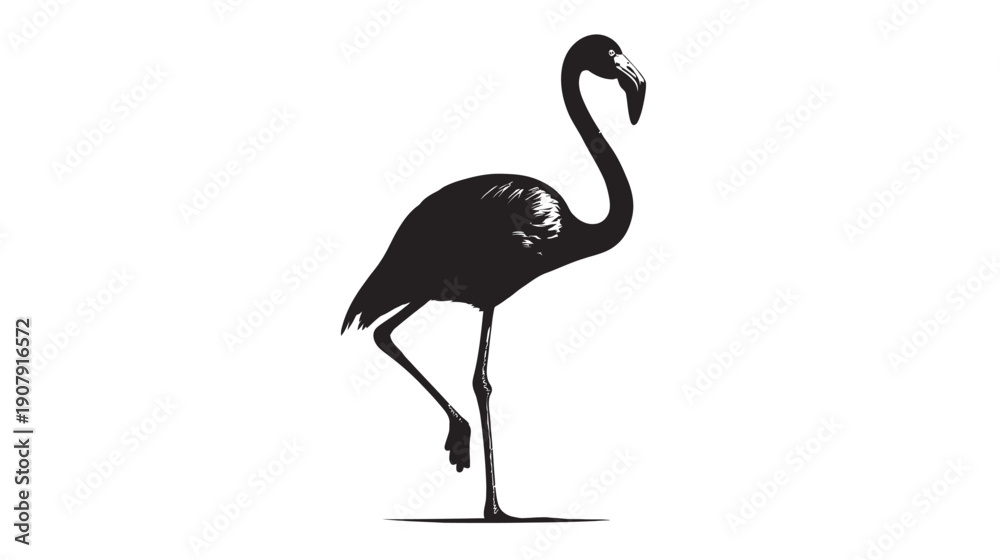 Fototapeta premium A silhouette of a flamingo standing on one leg against a white backdrop