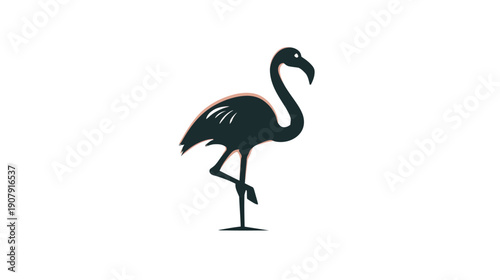A dark silhouette of a flamingo standing on one leg against a clean white background