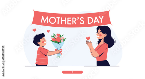 Little boy giving a bouquet of flowers to his happy mother for a special Mother's Day celebration with hearts in the air.
