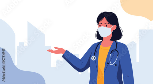 Female doctor wearing a face mask and gesturing towards a city skyline background for public health advice and community care.