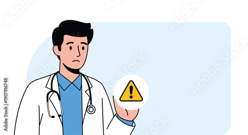 Professional male doctor in a white coat holding a yellow warning sign icon for health alert and medical safety communication.