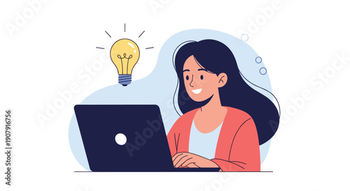Happy young woman working on her laptop and getting a creative idea shown by a glowing lightbulb against a blue background.