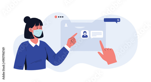 Woman wearing a surgical mask and pointing at a user profile on a digital interface screen for identity and security concepts.