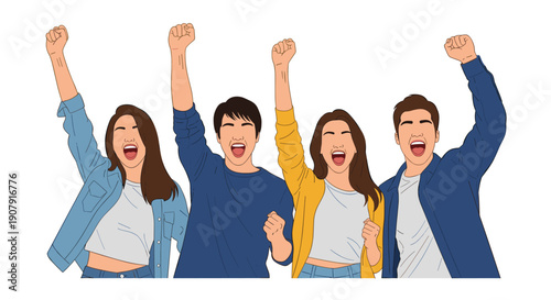 Group of excited people jumping and cheering with their arms raised in victory and celebration against a white background.