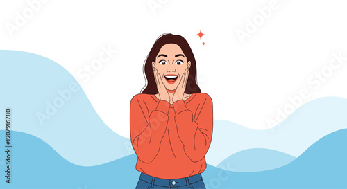 Surprised young woman with her hands on her face and stars sparkling around her head in a creative and joyful expression.