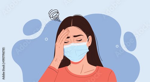 Young woman wearing a medical mask and holding her head while suffering from a severe headache or fever in a health concept.
