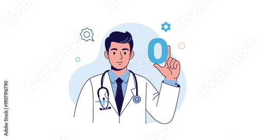 Professional male doctor wearing a white lab coat and stethoscope while holding a large zero icon for zero risk or error concept.