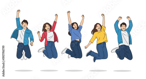 Cheerful group of young people jumping together in celebration with their arms raised high against a white background.