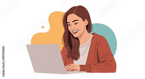 Cheerful woman with long brown hair smiles while working on a laptop against a background of abstract colorful shapes and bubbles.