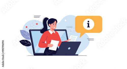 Young woman appearing from a digital tablet screen while holding papers and presenting information with an info icon in a speech bubble.