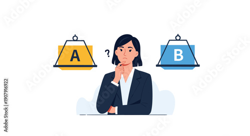 Thoughtful businesswoman in a dark suit weighs two options labeled A and B on scales while looking for the right decision or choice.