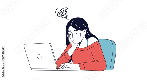 Stressed woman in a red top sits at her desk with a laptop looking overwhelmed and worried with sweat drops on her forehead.