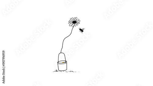 Black and white illustration of a daisy on a curved stem, a bucket, and a bee