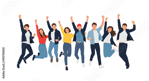 Large group of diverse young people jumping and cheering with their arms in the air to celebrate a major victory or shared success.