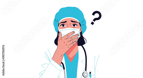 Worried female medical worker in a surgical mask and cap looks shocked with a question mark over her head against a white background.