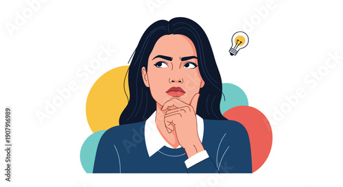 Thoughtful young woman with dark hair contemplating an idea while a light bulb icon floats nearby, representing creativity.