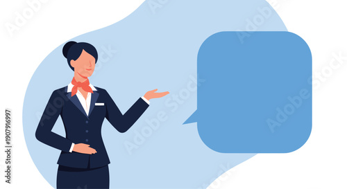 Flight attendant in a dark blue uniform gesturing toward a blank speech bubble, ready to provide travel info or assistance.
