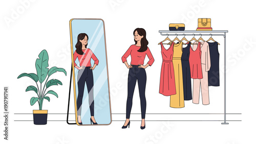 Young woman standing in front of a full length mirror while choosing an outfit from a rack of fashionable clothes and dresses.
