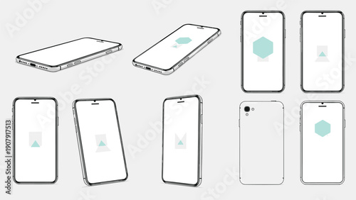 Multiple views and angles of a modern slim smartphone in black and white colors for mobile app development and UI design.