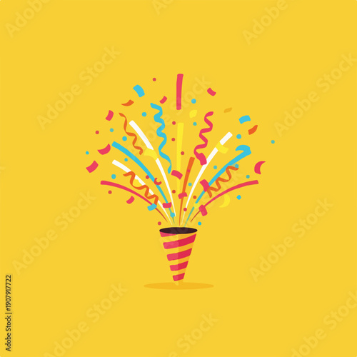 Party popper bursting with colorful confetti on yellow background  