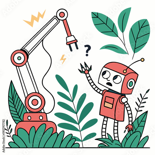 Playful Robot Humorously Mistaking Lush Green Plants for Power Cables, Attempting to Plug In in a Flat Vector Style.